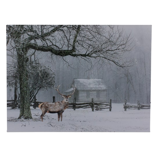 Lighted Winter Cottage Forest Scene Christmas Canvas Wall Art